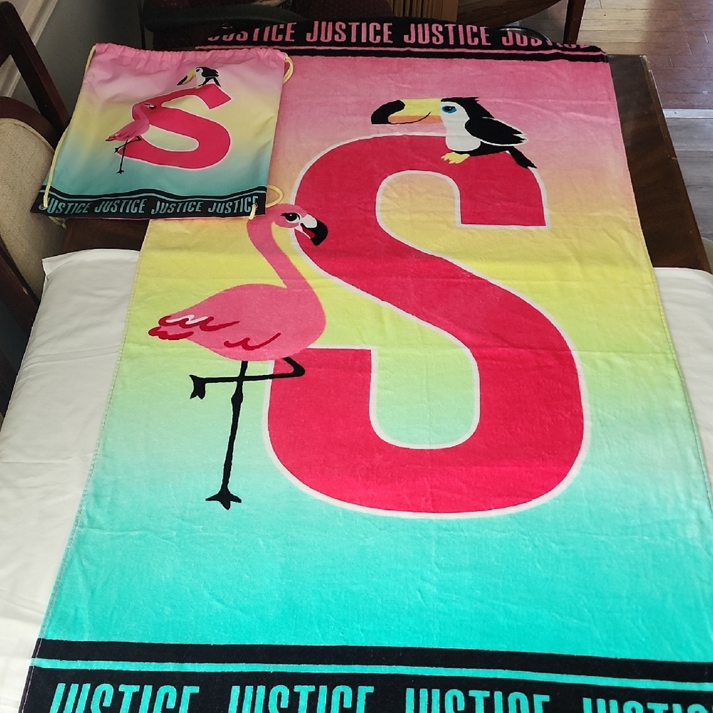 NWOT. Justice Pink and Yellow Flamingo Beach Towel W/matching bag. Letter "S"